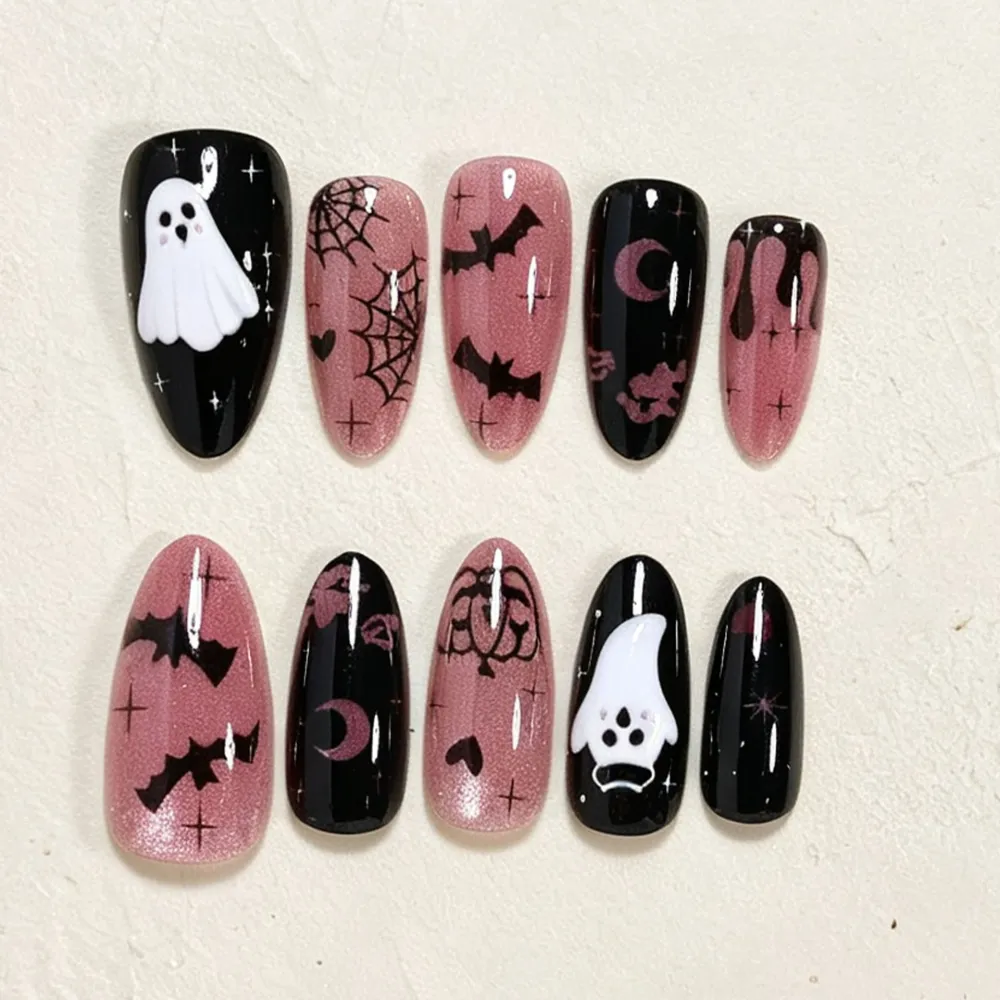 Nailhour 30Pcs Halloween Medium Almond Cat Eye Press On Nails
