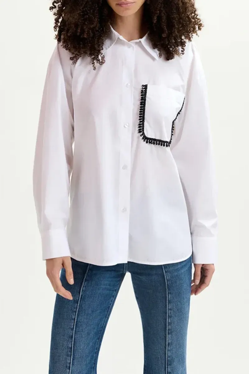 Contrast Trimmed Pocketed White Shirts