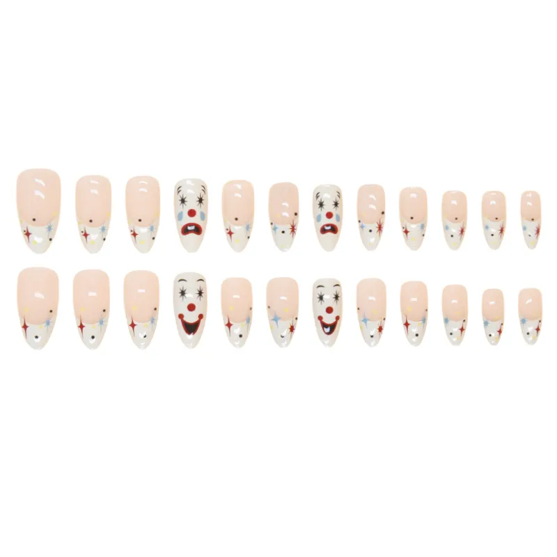 Nailhour Almond White 24Pcs Matte Smiling Face Clown Press On Nails