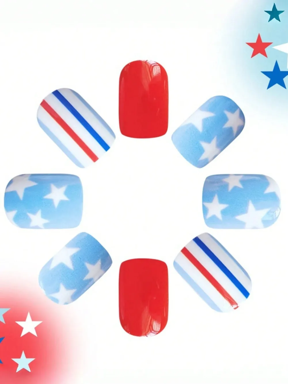 Nailhour 24pcs Red White & Blue Star Pattern Patriotic Style Fake Nails