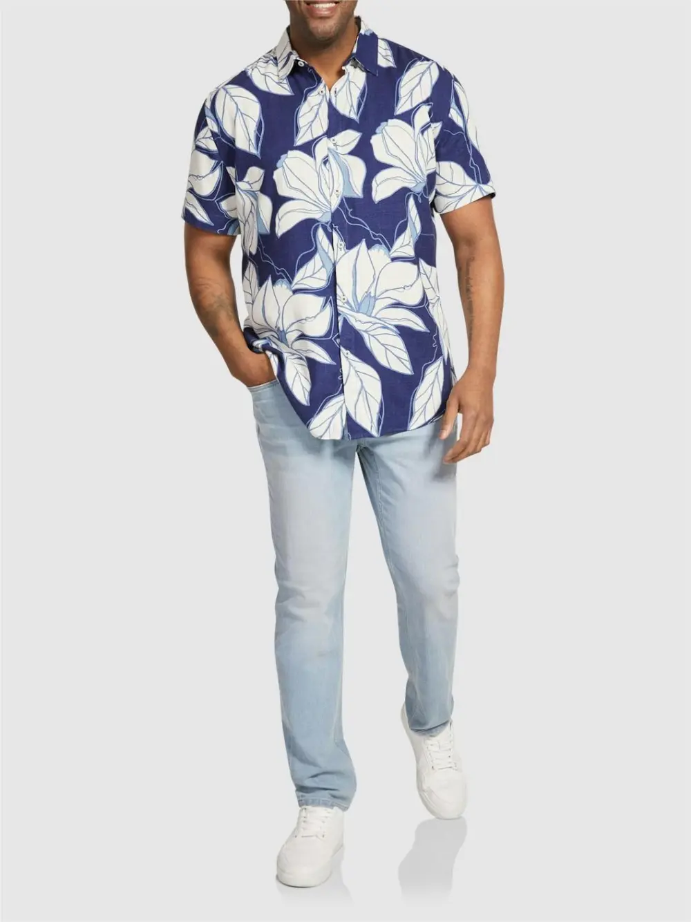 BLUE FLORAL SHORT SLEEVE SHIRT WITH TROPICAL AESTHETIC