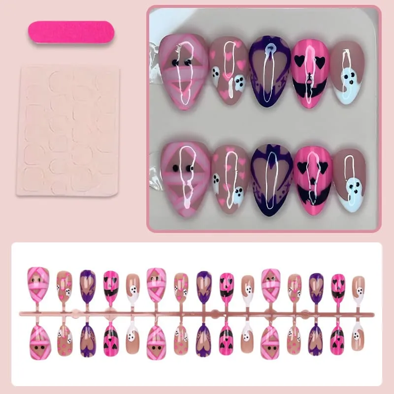 Nailhour 30Pcs Halloween Pink And Purple Short Almond Ghost Press On Nails