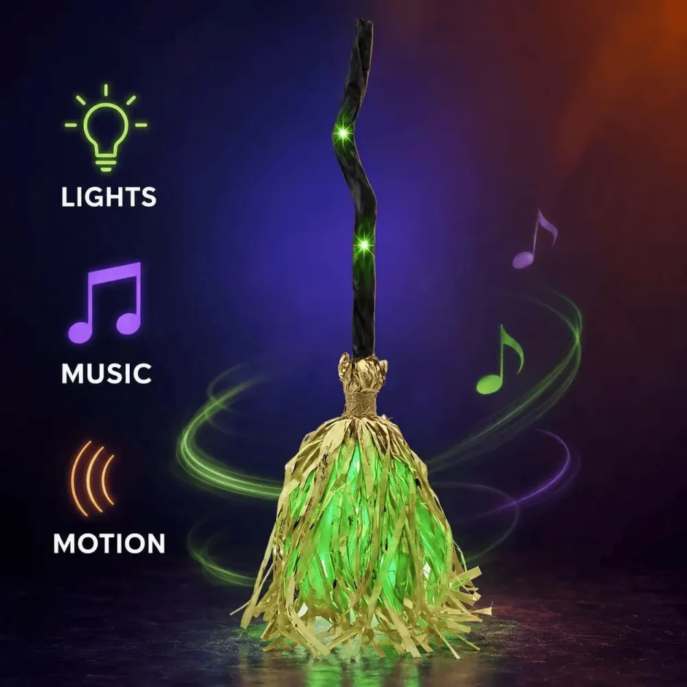 Motion Activated Witch Broom LED Glowing Musical Decor Halloween Interactive Prop
