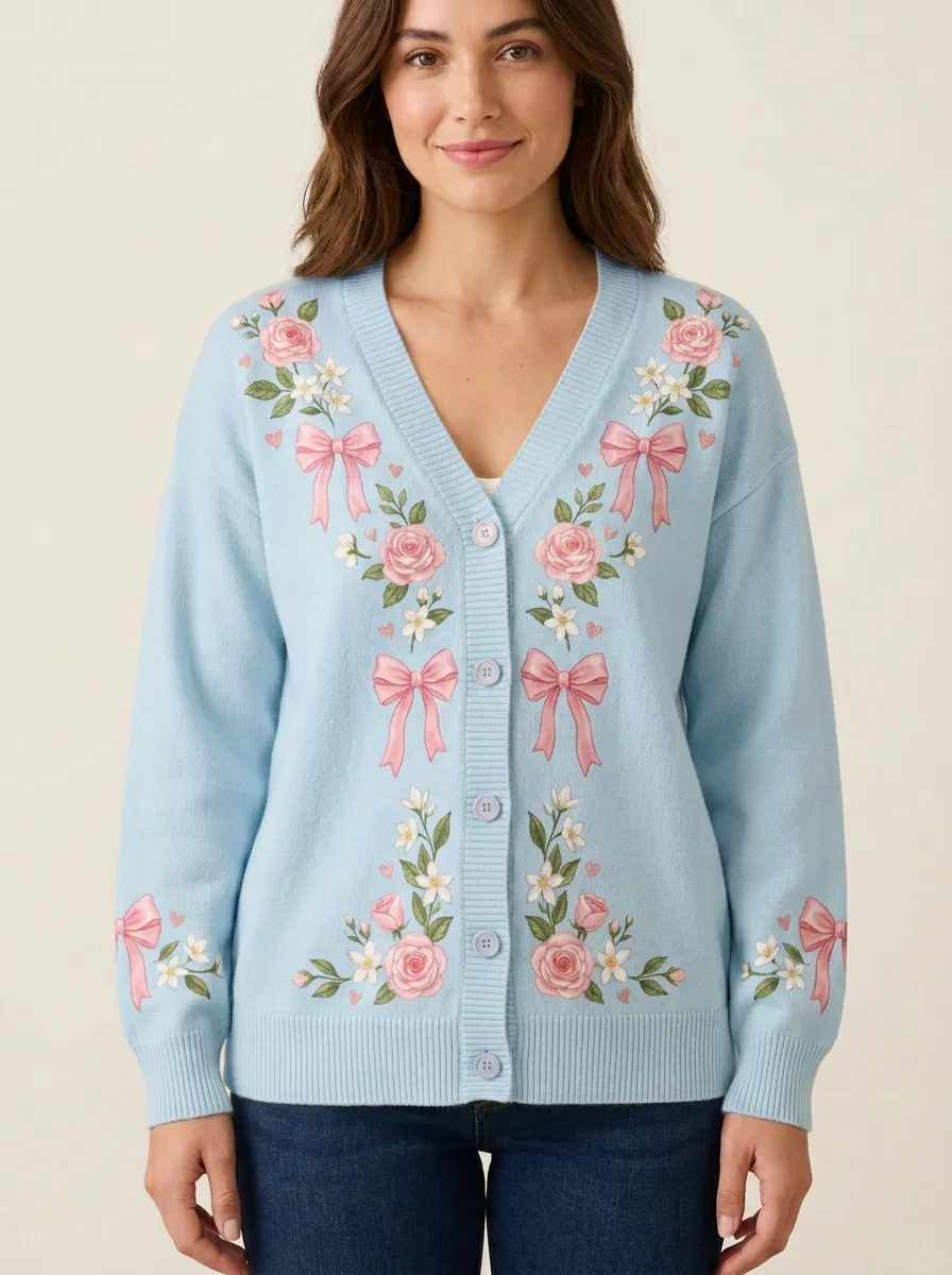 Women's Breast Cancer Awareness Pink Rose Bow Printed Cardigan
