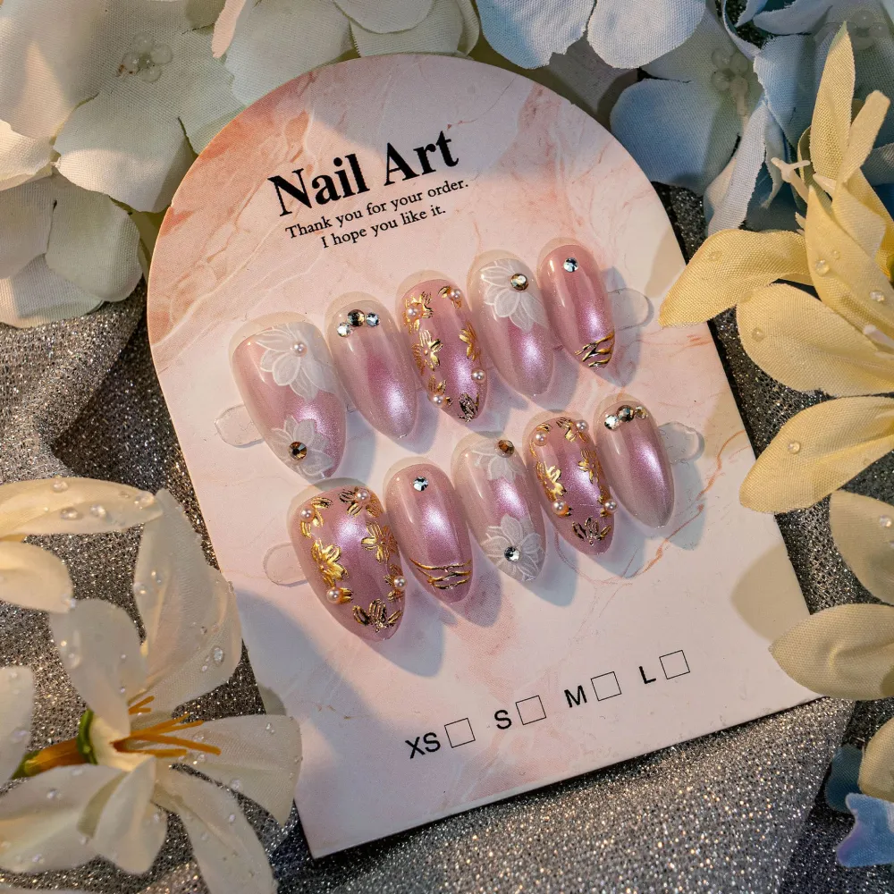 Nailhour 30Pcs Sweet Cat Eye Pink 3D Medium Almond French Press On Nails