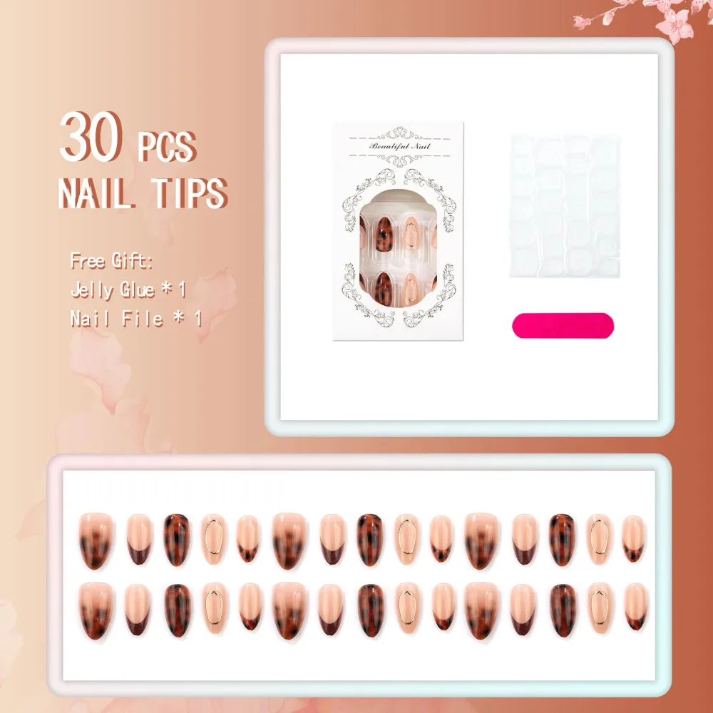 Nailhour 30Pcs Autumn Medium Almond Leopard Print French Press On Nails