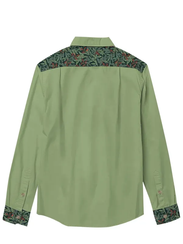 Christmas Holly Printed Hawaiian Shirt For Men Button-Down Shirt Long Sleeve 100% Cotton Shirt