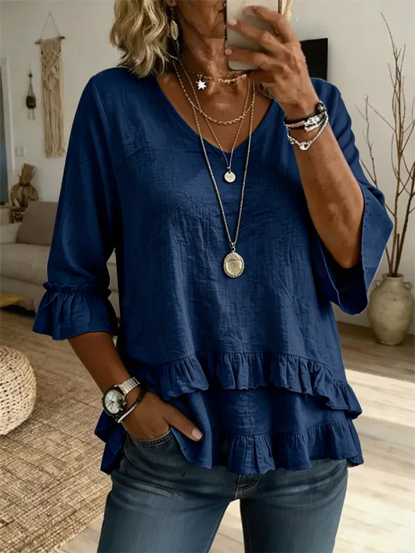 Women's Linen Blend Ruffle Hem V-Neck 3/4 Sleeve Casual Blouse