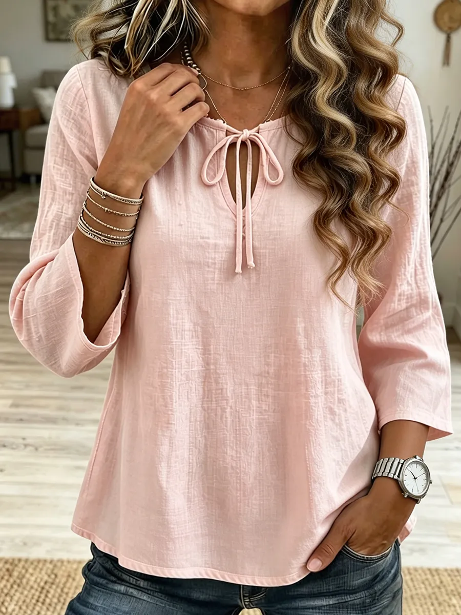 Women's Tie Neck Keyhole Linen Blend Casual Top