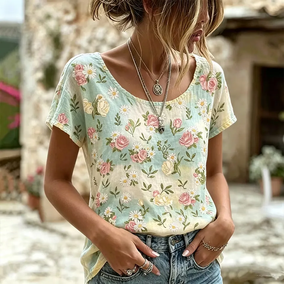 Floral Pattern Design Women's Casual Linen Short-sleeve T-shirt