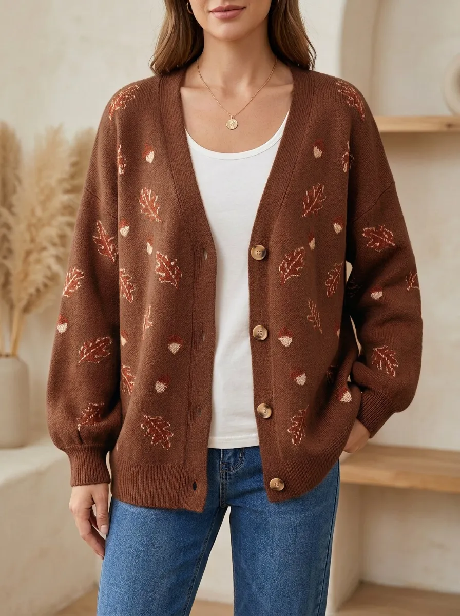 Acorn Leaf Pattern Patterned Women's Knit Cardigan