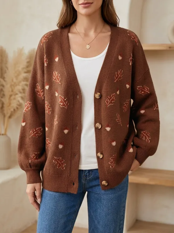 Acorn Leaf Pattern Patterned Women's Knit Cardigan