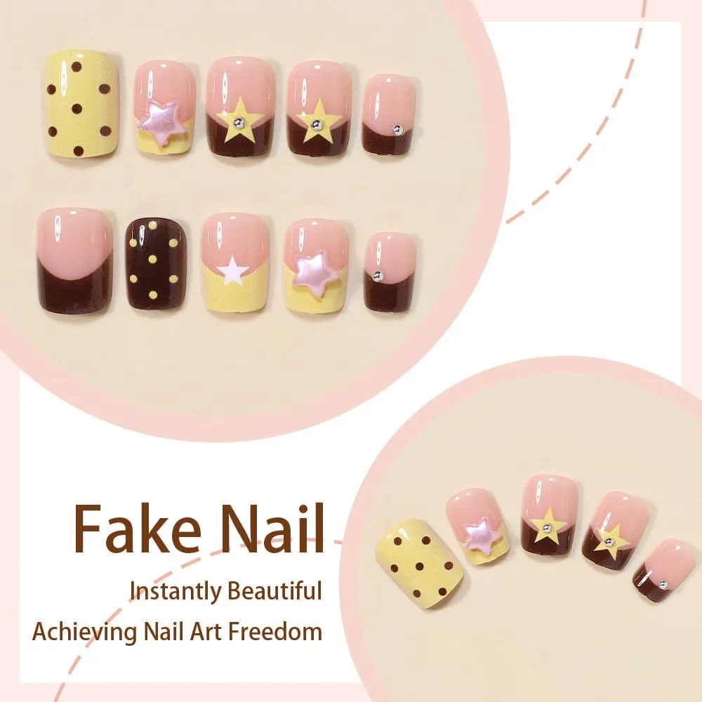 Nailhour 24Pcs Yellow 3D Star Medium Square French Press On Nails