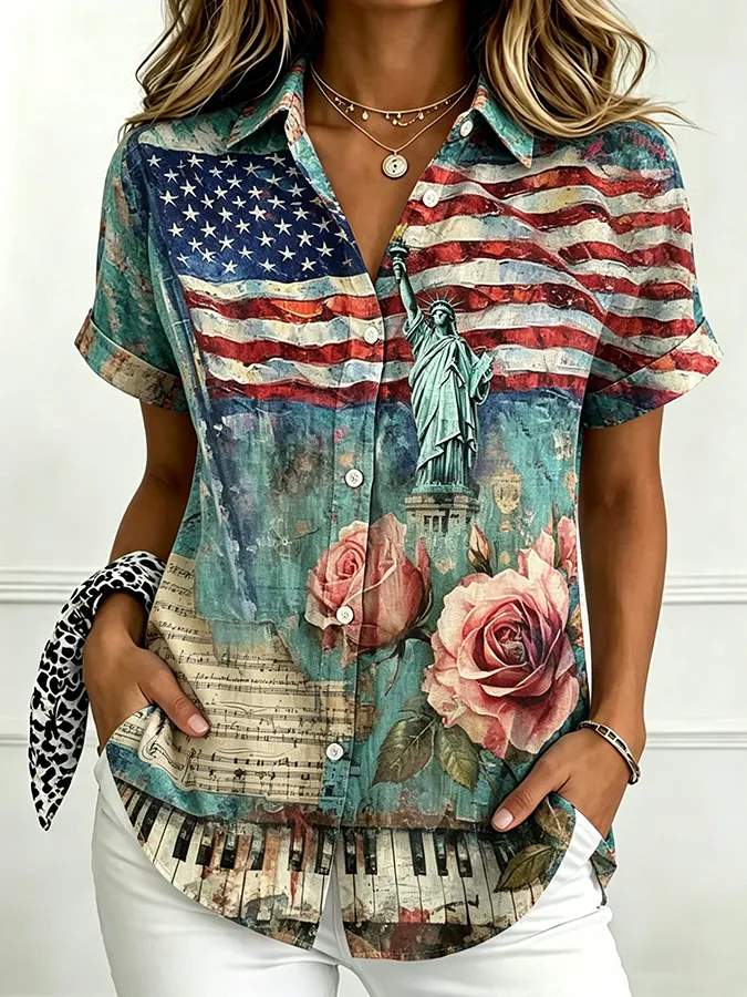 Ladies' Casual American Flag Floral Gradient Print Lapel Shirt