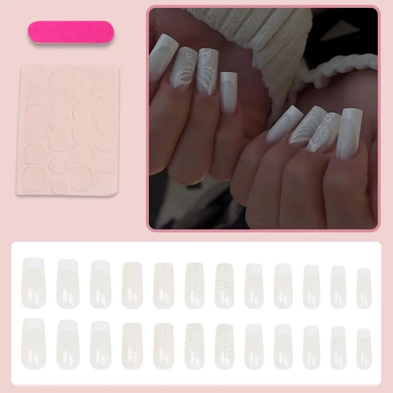 Nailhour 24Pcs White Glitter Medium Square French Press On Nails