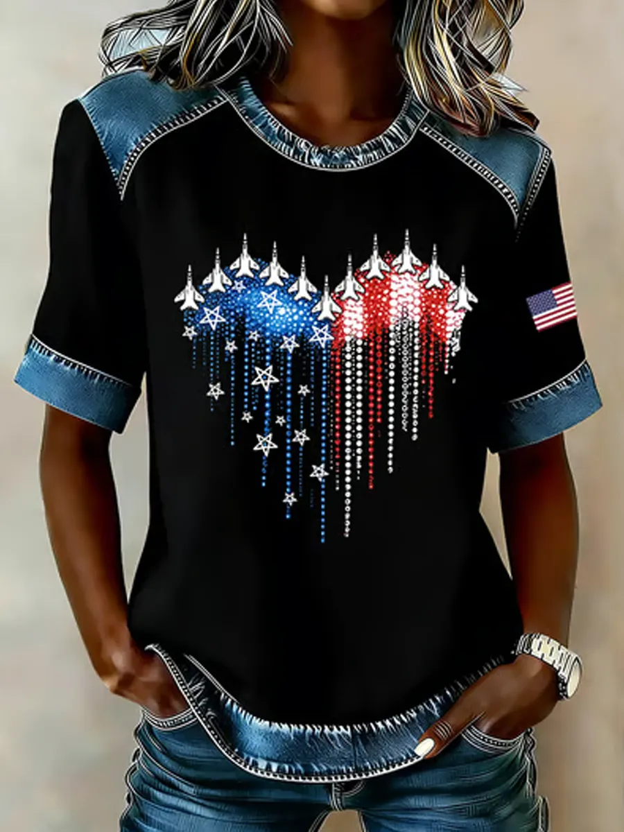 Women's retro casual printed patch denim top