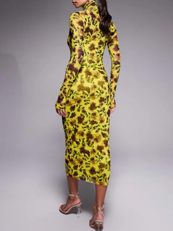 Flower Turtleneck Slim Fit Dress