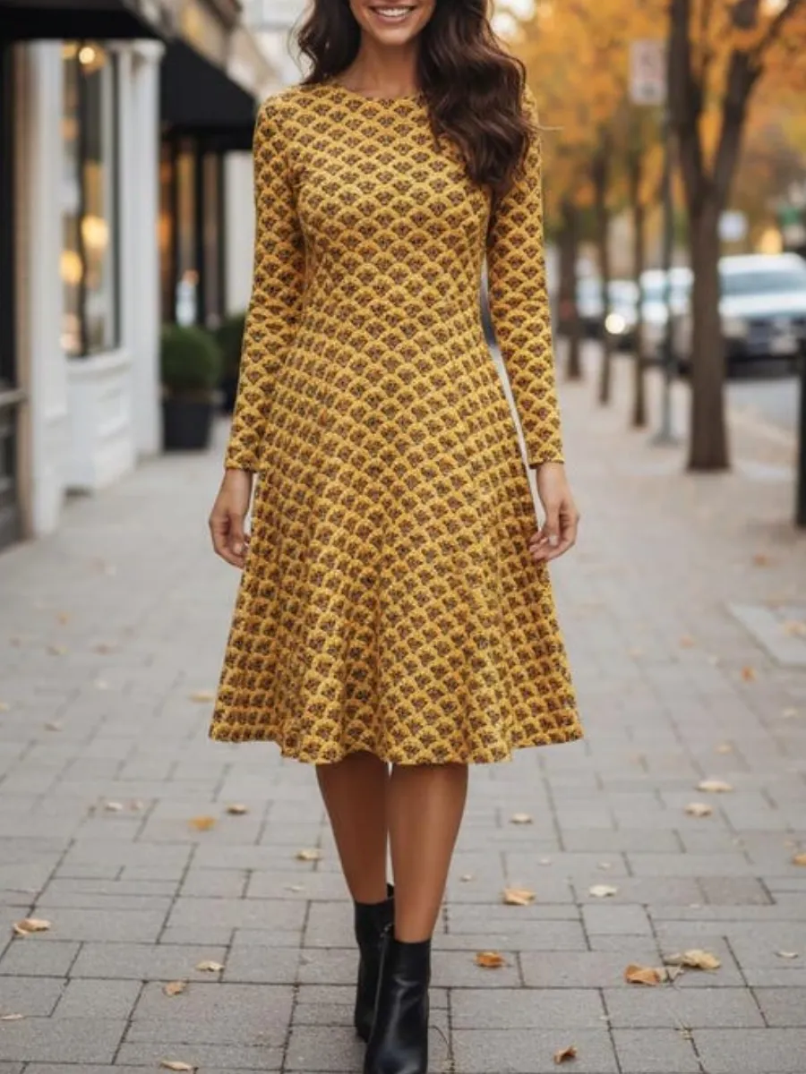 Retro Printed Long Sleeve Dress