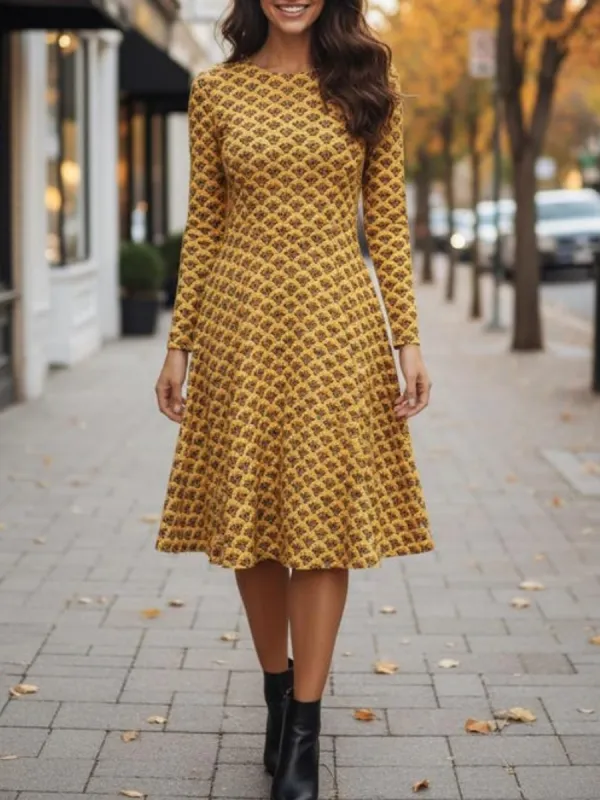 Retro Printed Long Sleeve Dress