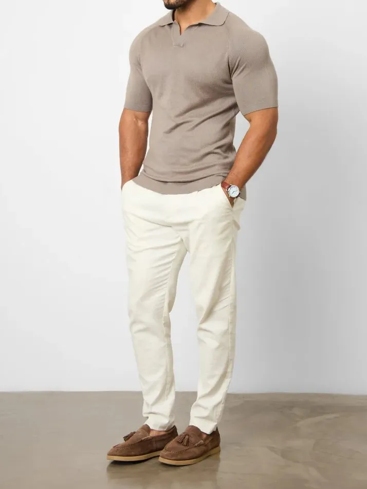 Muted Gray Textured Open Collar Knitted Polo Shirt