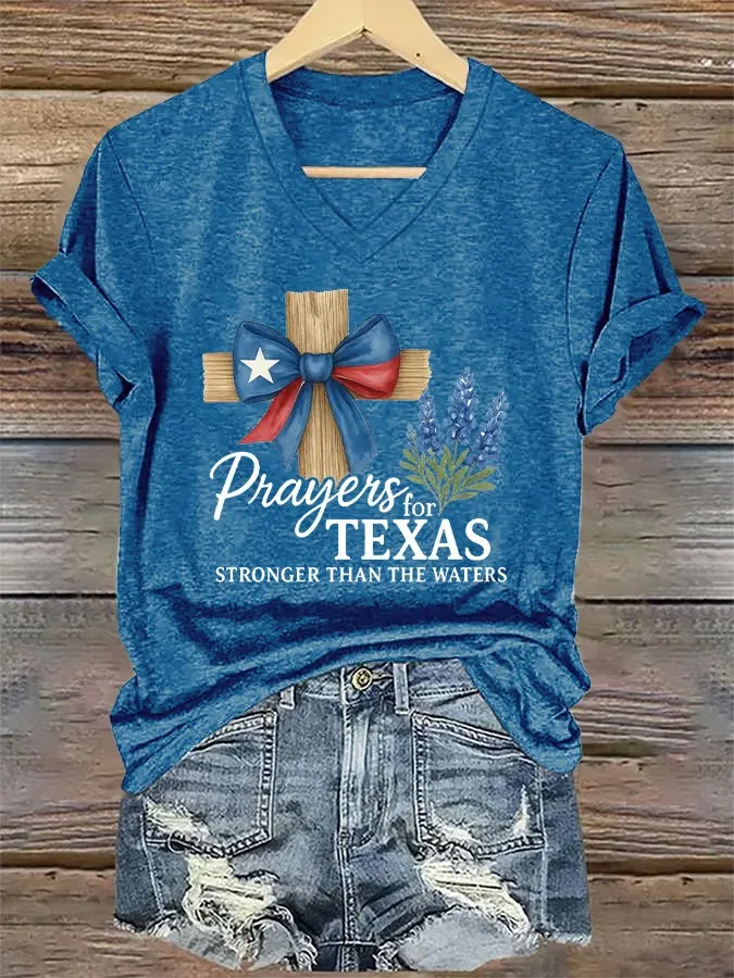 V-Neck Retro Prayers For Texas Print T-Shirt