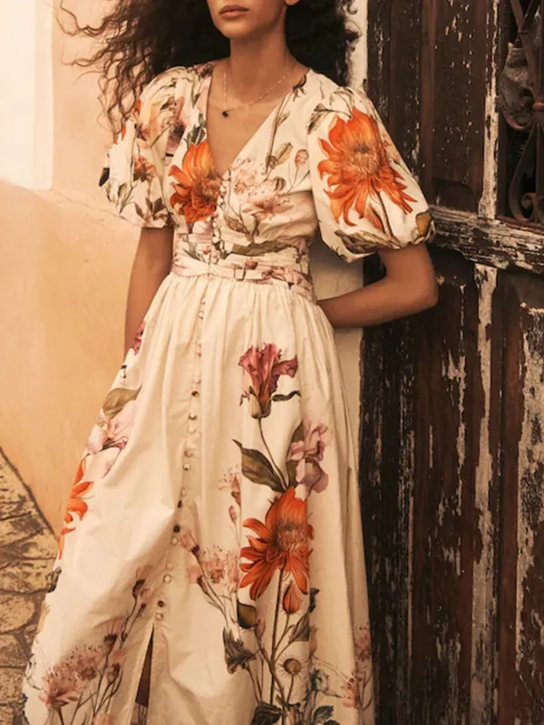Elegant And Flowing Puff Sleeve Floral Printed Dress