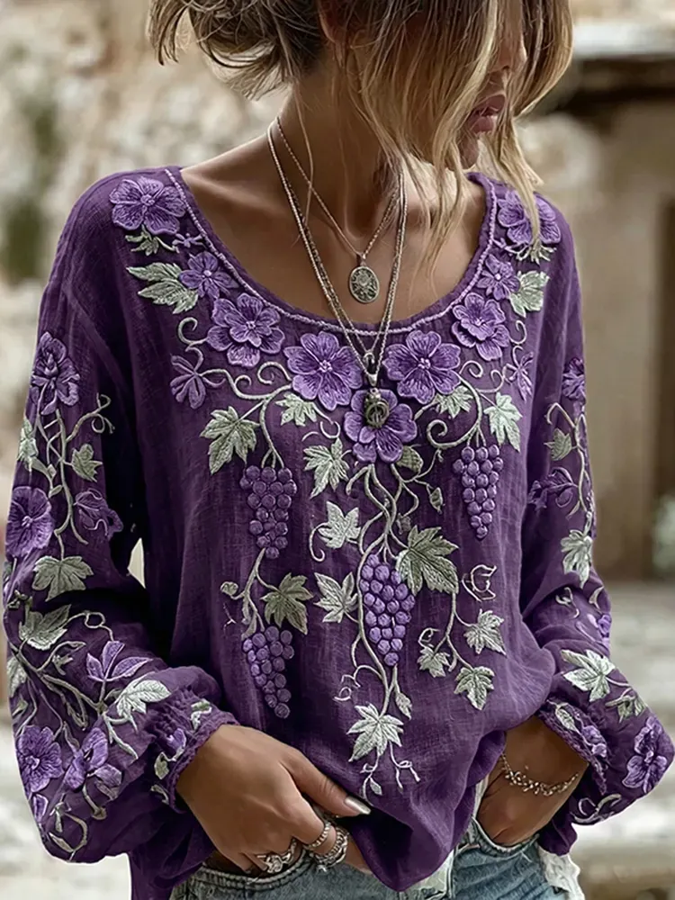 Women's printed purple artistic round neck shirt