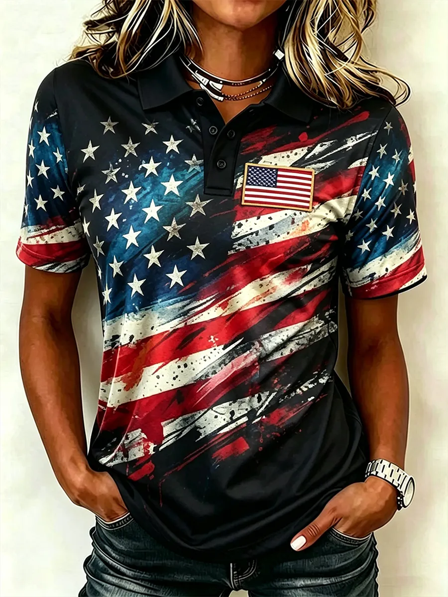 Women's' casual American 250th anniversary commemorative logo printed short sleeved polo