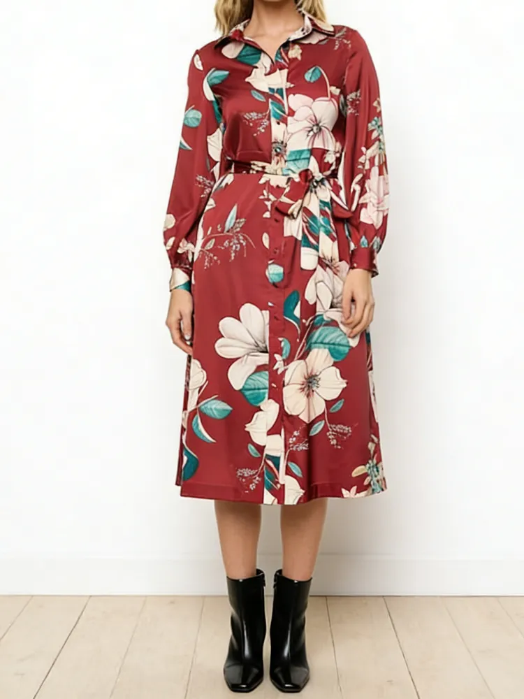Flower Printed Button Up Midi Dress