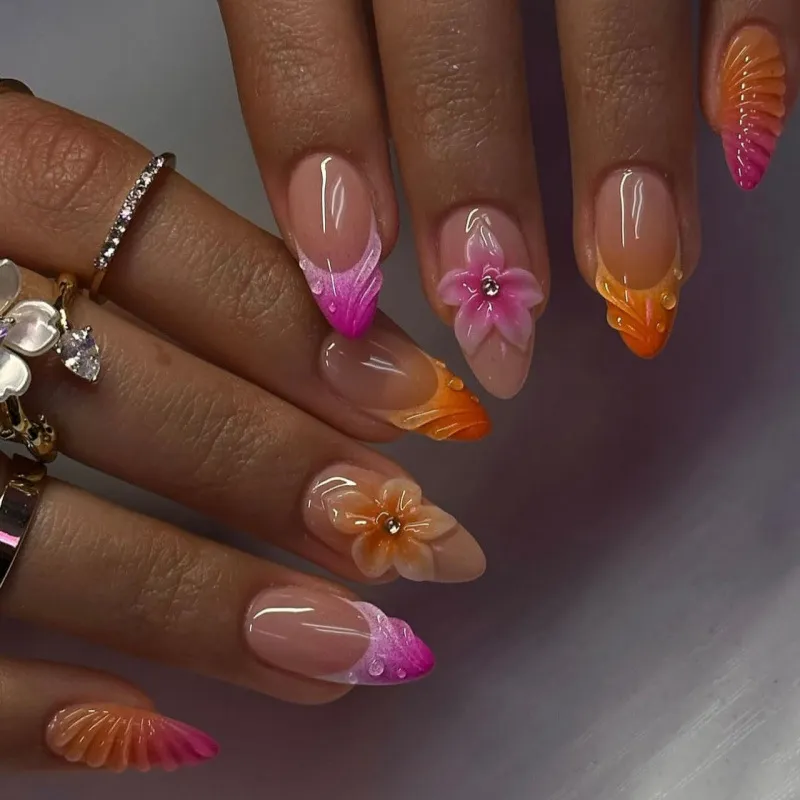 Nailhour Summer Holiday 3D Pink Orange Floral 24Pcs French Press On Nails