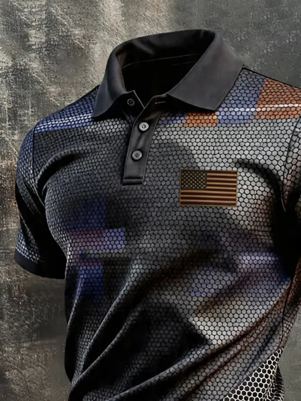 Men's Retro Patriotic Color-Block Short-Sleeve Polo Shirt