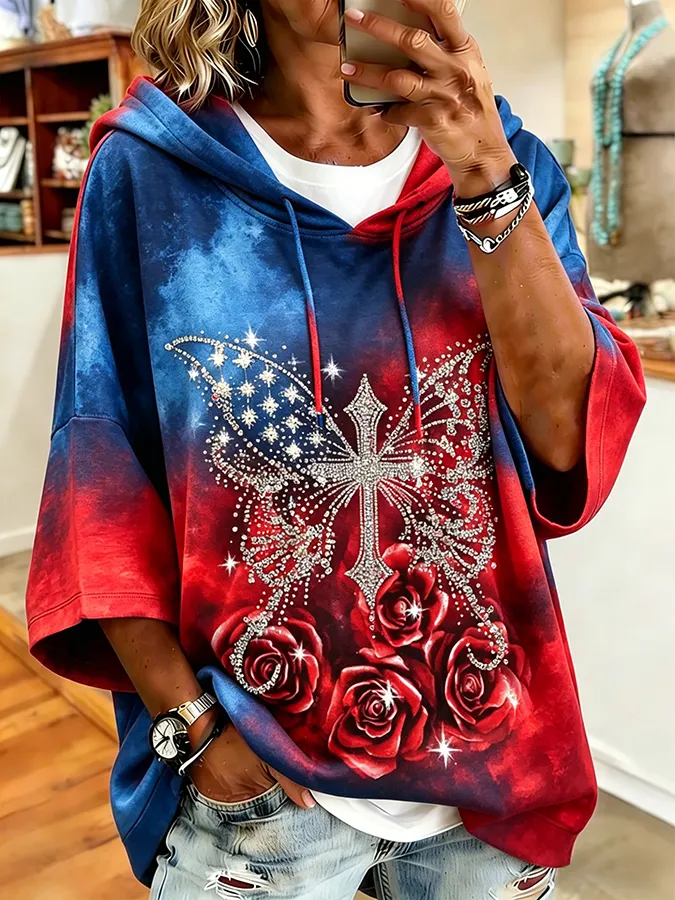 Women's Gradient Rhinestone Butterfly Rose Cross Print Loose Hoodie