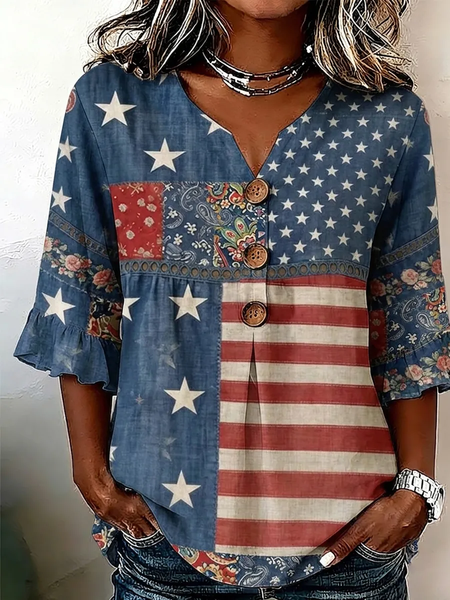 Women's Flag Floral Print Cotton-Linen Top