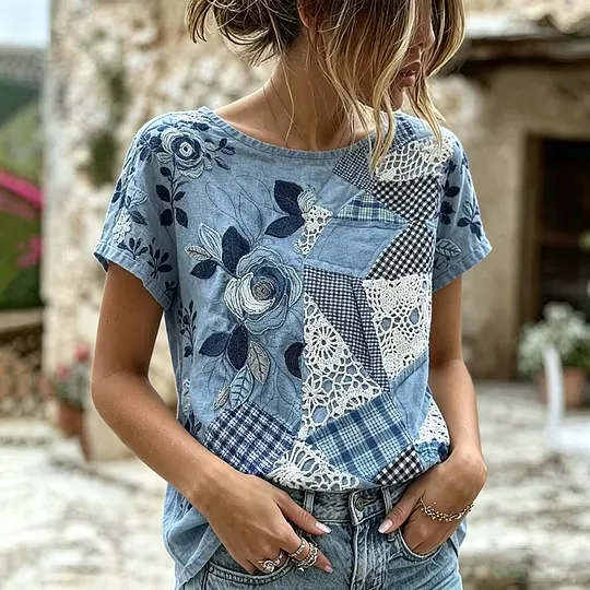 Retro Plant And Flower Pattern Quilt Design Casual Linen Short-sleeve T-shirt