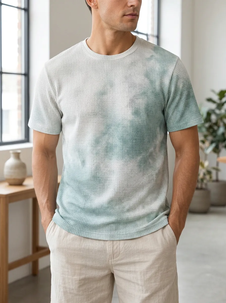 Men's Tie-dye Waffle Knit Distinctive Crew Neck T-Shirt