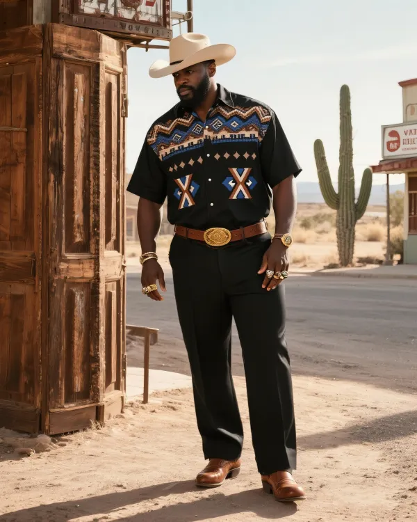 Men'S Western Navajo Geometric Print Short Sleeve Shirt