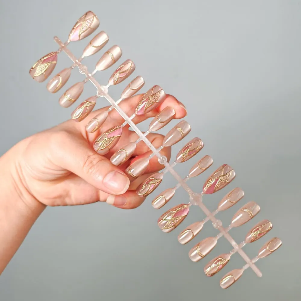 Nailhour 30Pcs Cat Eye Nude 3D Medium Almond French Press On Nails