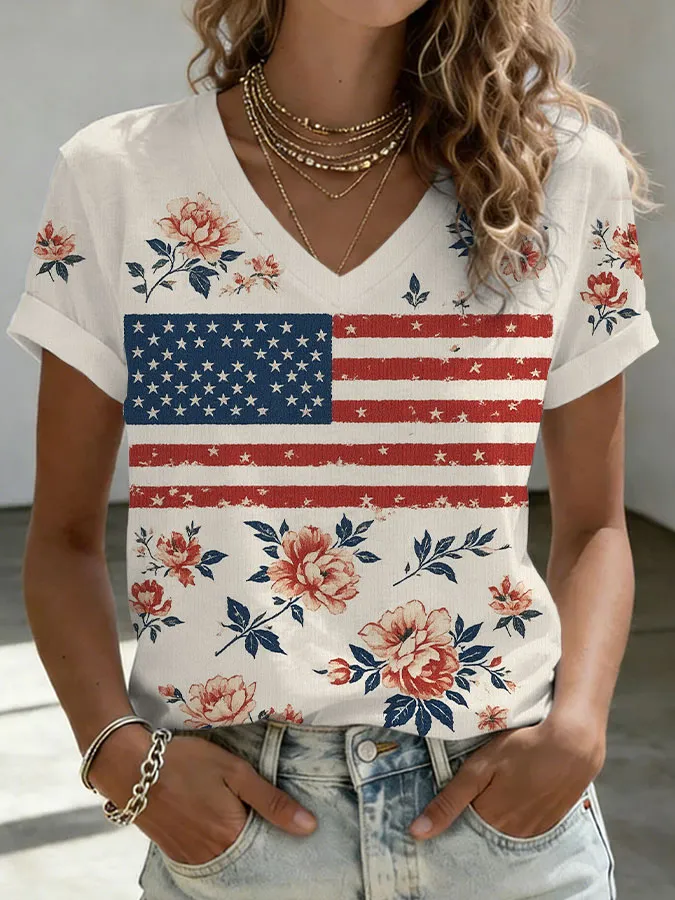 Women'S America Flag Floral Print Casual V-Neck T-Shirt