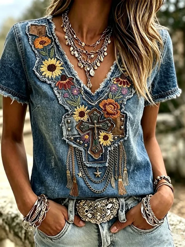 Women'S Casual Retro Western-Style Faith T-Shirt