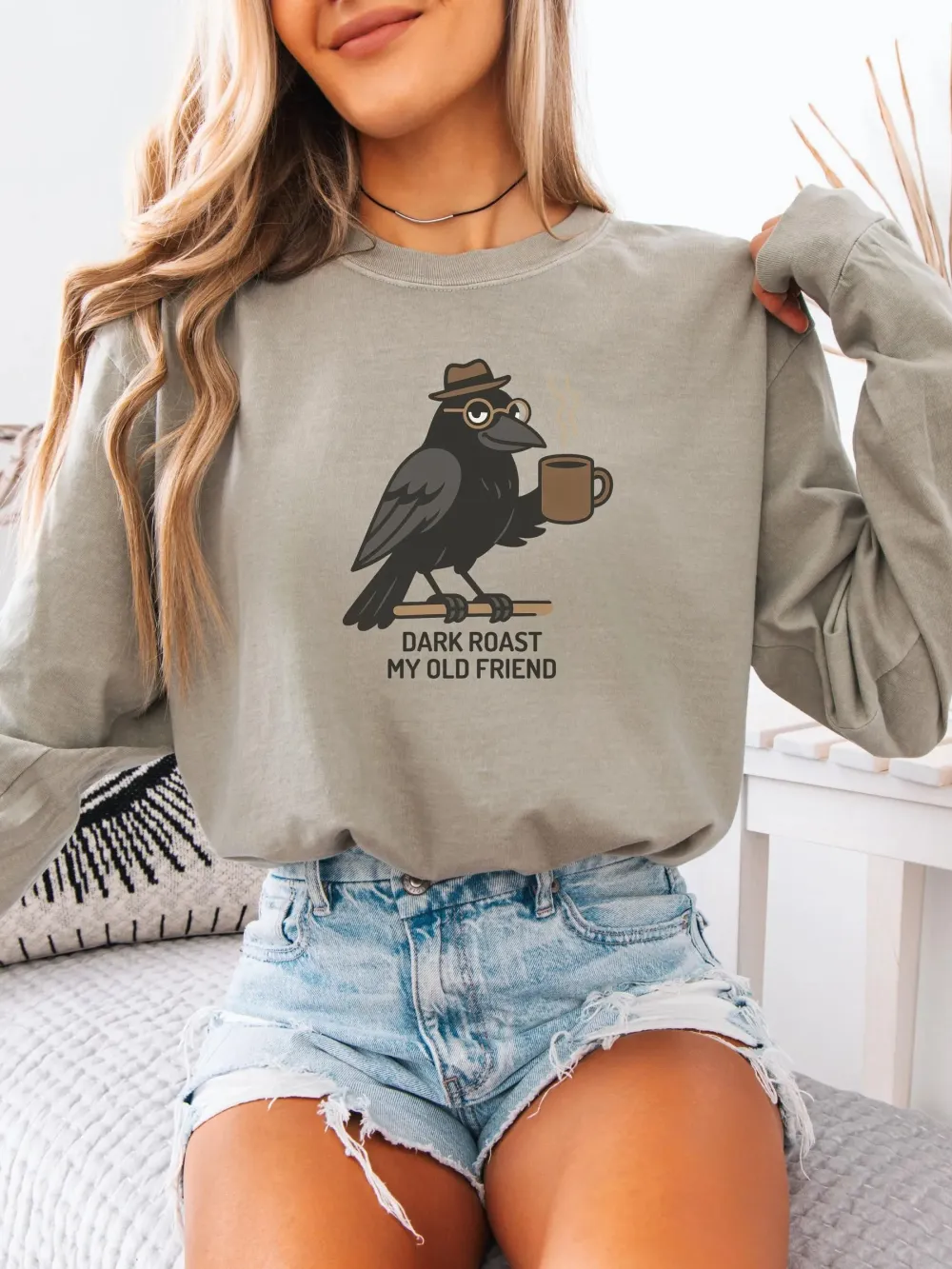 Retro Crow Coffee Print T-Shirt