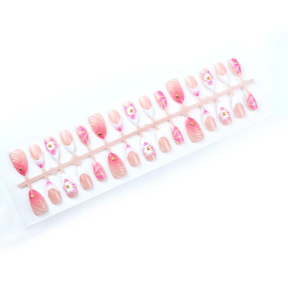 Nailhour 30Pcs Floral Gradient 3D Medium Almond French Press On Nails