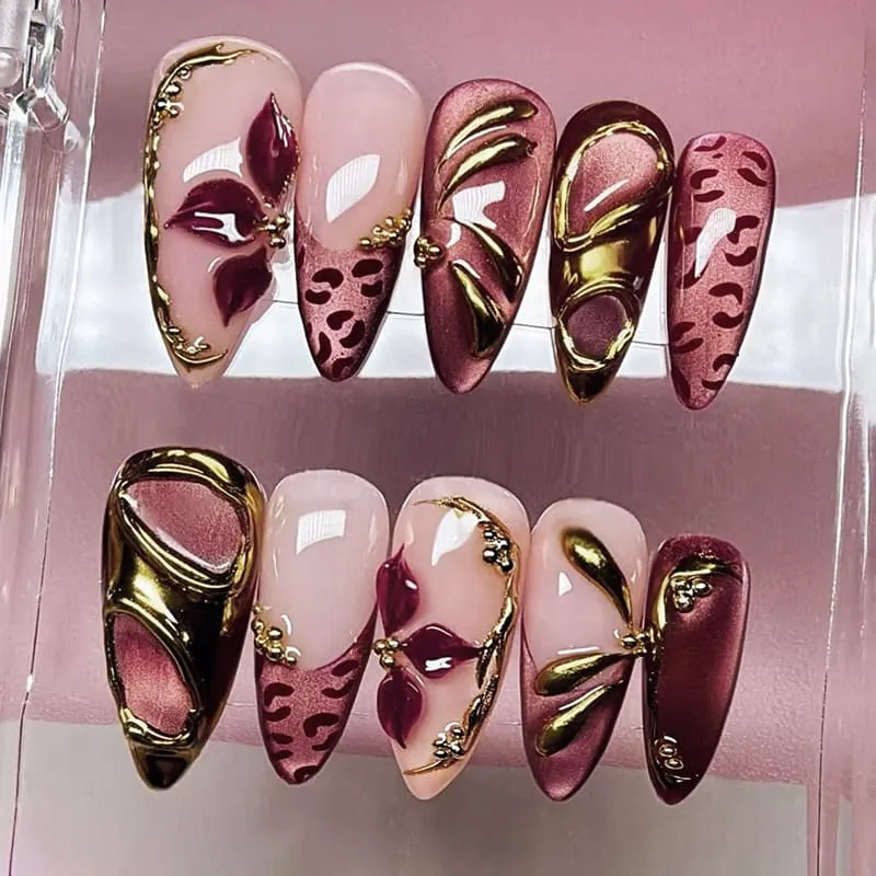 Nailhour 30Pcs Vintage 3D Medium Almond Cat Eye Press On Nails