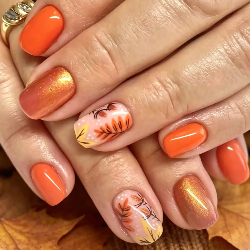 Nailhour 24Pcs Autumn French Short Square Glitter Press On Nails