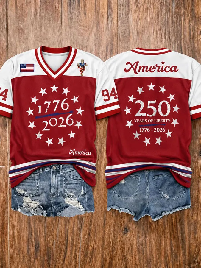 Women's America Flag Printed Casual V-neck T-shirt