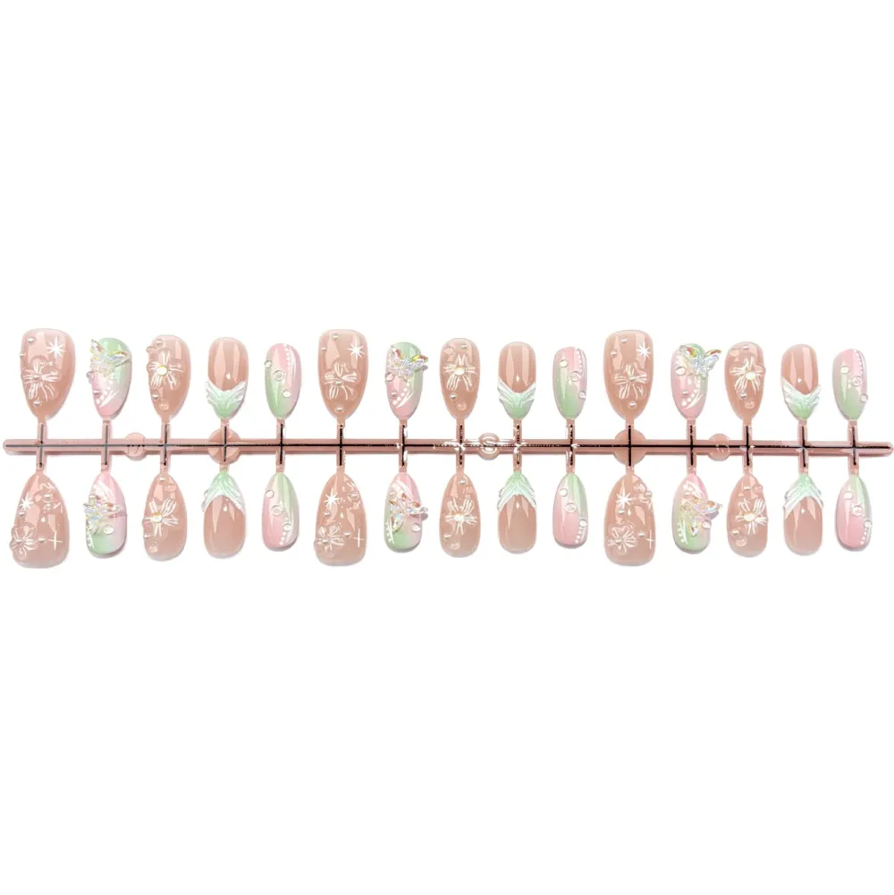 Nailhour 30Pcs Butterfly 3D Medium Almond French Bow Press On Nails