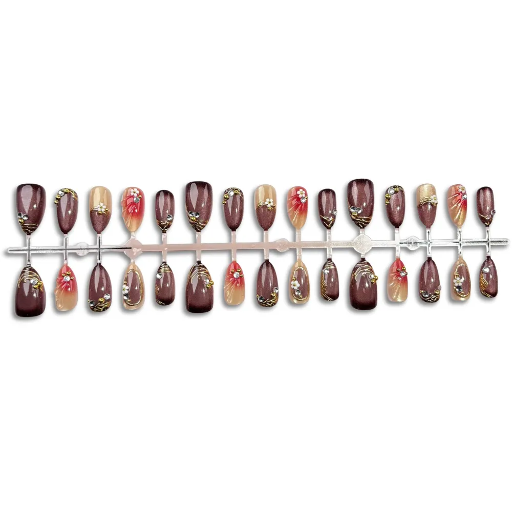 Nailhour 30Pcs Brown Autumn Floral 3D Medium Almond French Press On Nails