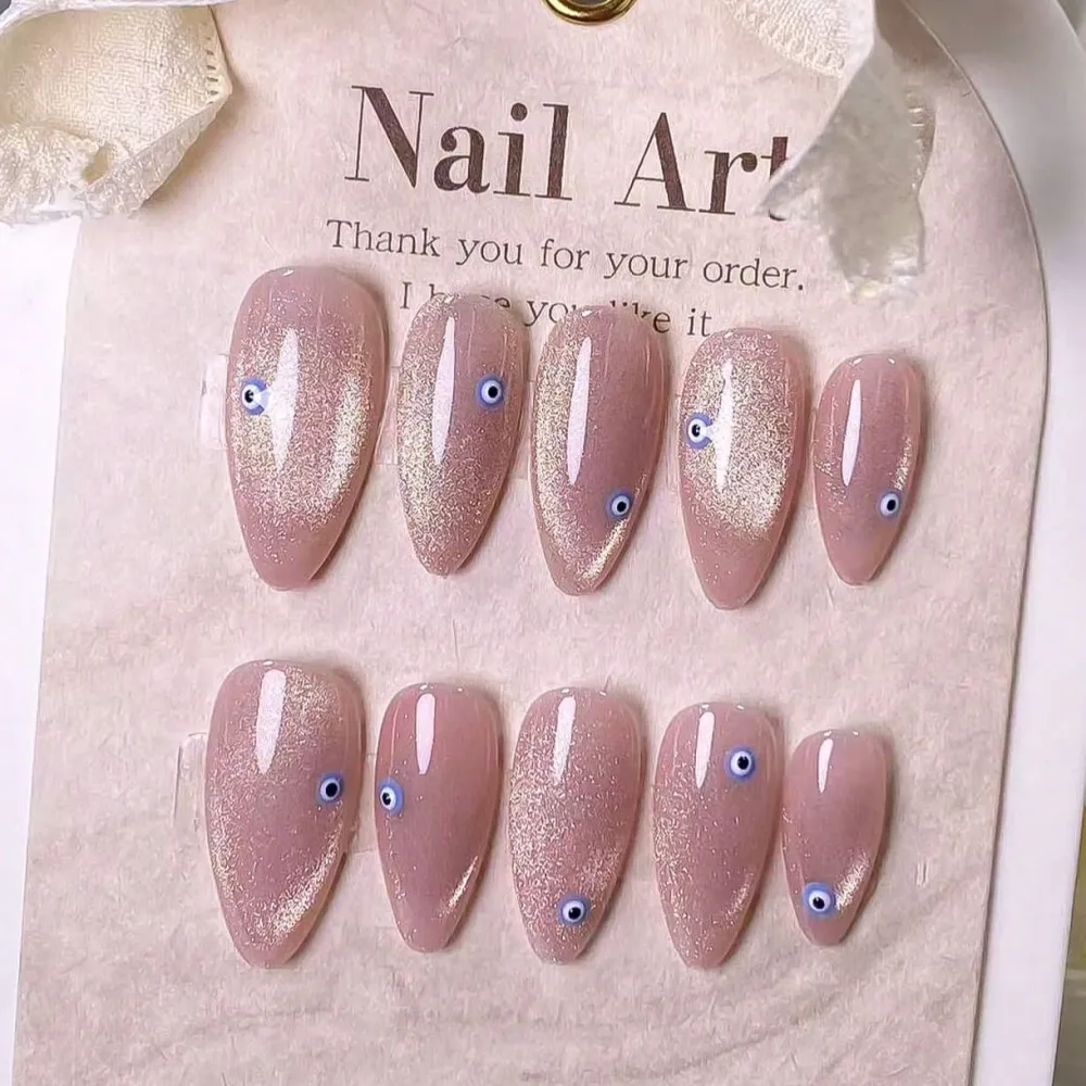 Nailhour 10Pcs Handmade French Medium Almond Pink Cat Eye Press On Nails