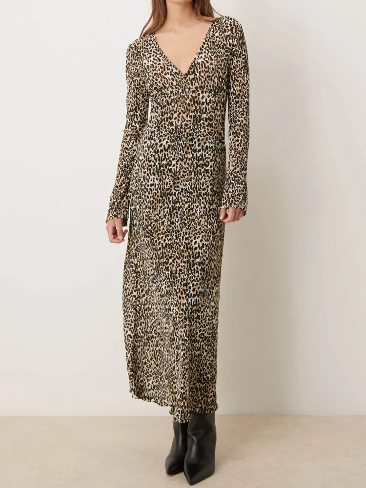 Leopard V-Neck Long Sleeve Dress
