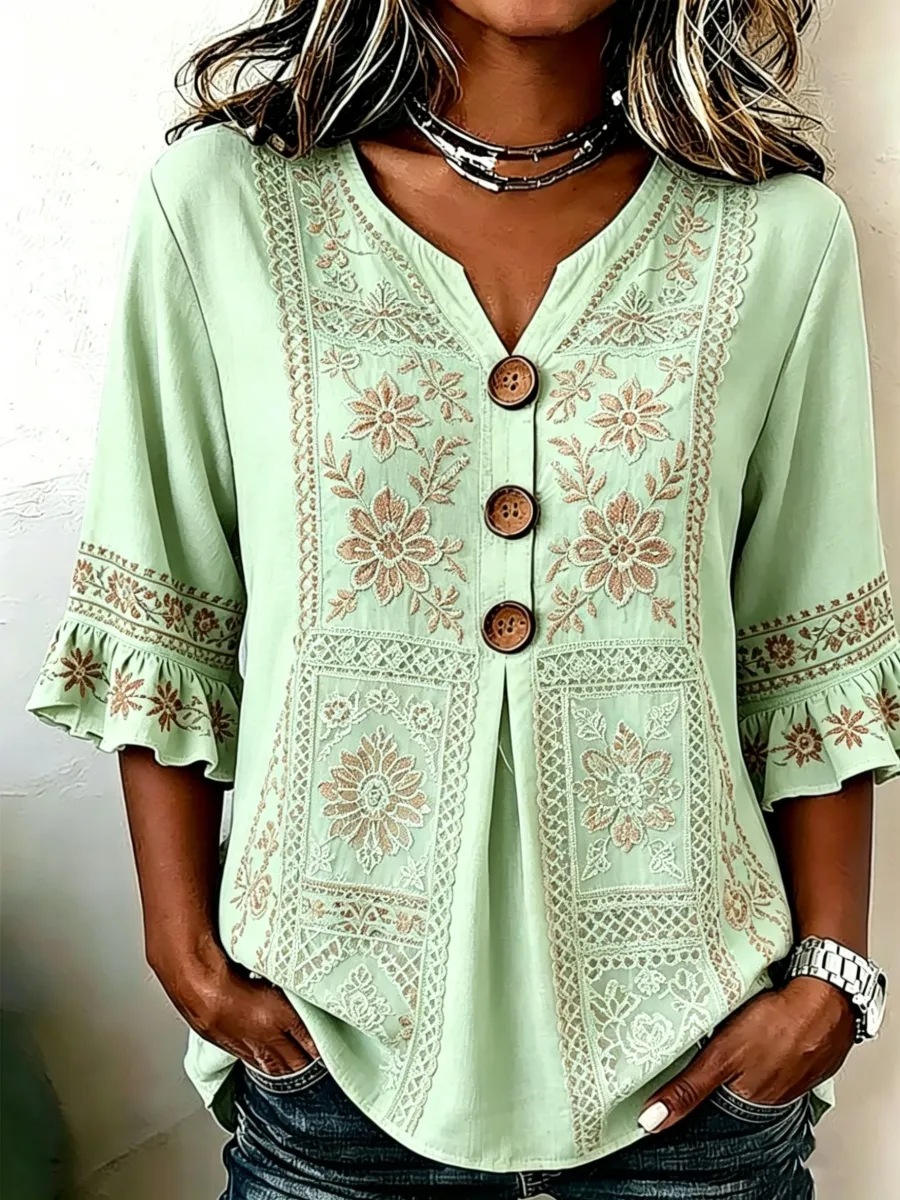 Vintage Lace Floral Embroidery Design Women's Linen Shirt
