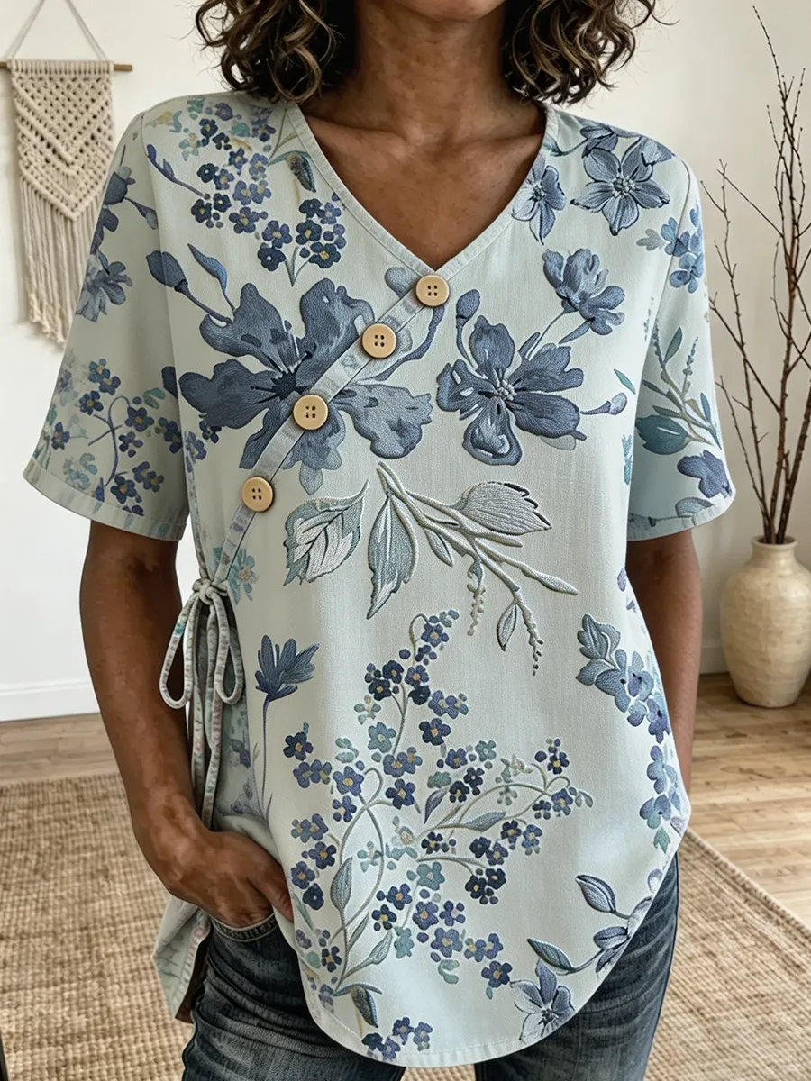 Floral Embroidered Asymmetric Button V-Neck Casual Blouse